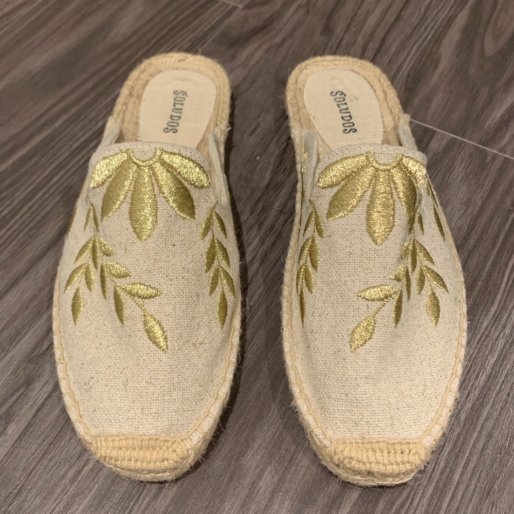 Soludos Gold Embroidered Mules